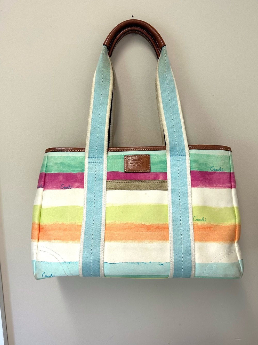Coach Hampton Watercolor Stripe Canvas Leather Tote Bag